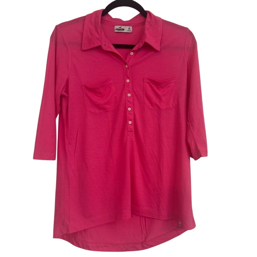 Hollister‎ Polo Henley Top Women's M Barbie Pink 3/4 Sleeve Half Button Up Shirt